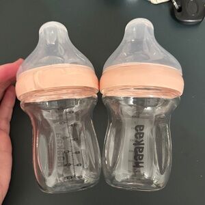 Set of 2 Haakaa 6oz / 180ML Glass Baby Bottles with pink ring